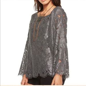 Chaser Metallic Lace Bell Sleeve Lace Top